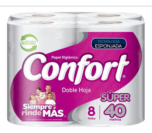 Confort Mega Papel Higiénico 8 Rollos 40 Mts C/u Doble Hoja