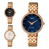 Reloj Q&q Qyq Elegante Qz27j001y Acero Oro Rosa + Estuche 