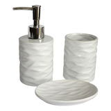 Kit Banheiro Lavabo Branco Com Dispenser 3 Peças Ondas 