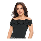 Blusa Negra Hombros Descub Detalles Crochet Cklass 989-48