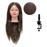 Cabeza De Práctica Cabello Castaño 100% Natural Con Soporte Color Marrón