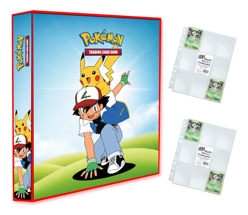 Álbum Pasta Fichário Pokemon + 20 Folhas Turma Ash E Pikachu