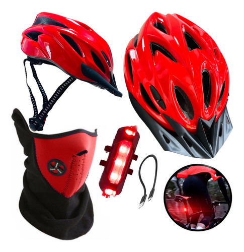 Kit Casco Bicicleta Con Vicera + 1luz Roja+ 1mascara Facial 