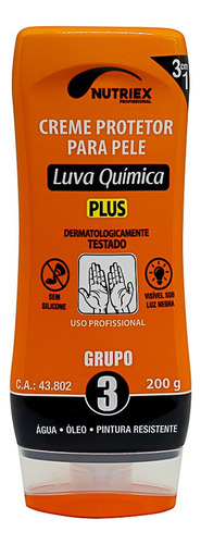 Creme Protetor Mãos Luva Química Grupo 3 200 Gr Nutriex Tipo De Embalagem Pote Tipos De Pele Normal