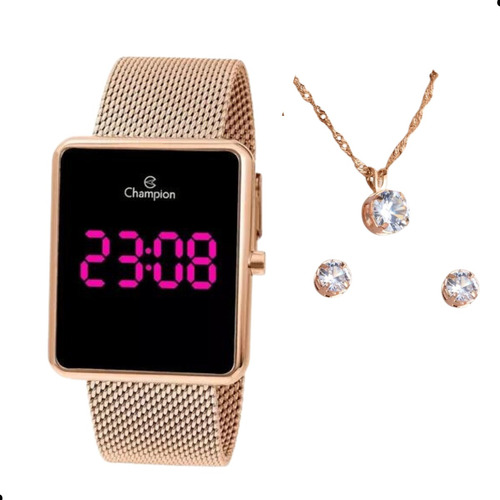 Relógio Champion Feminino Digital Rose Gold Led Rosa 