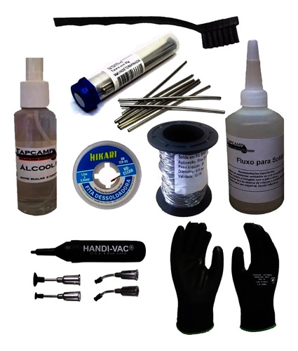 Kit Salva Chip Malha  Fluxo Dessolda Solda Pinça Vacuo Luvas