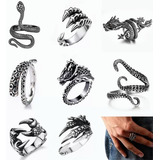 8 Anillos Gotico Acero, Ajustable Ojo Dragon Garra Serpiente