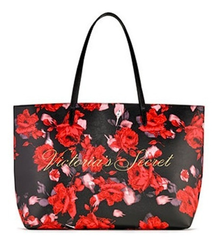 Bolsa Victoria's Secret Maxi Tote Preta Floral Vermelha Cor Preto Detalhes Floral