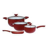 Set Bateria 4 Ollas Porcelana Rojo Cerámica Bifera Sarten Tv