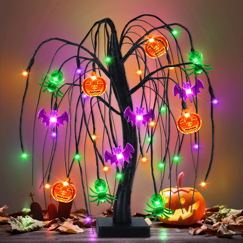 Arbol De Halloween Negro Luces Led De Colores 36 Focos 45 Cm