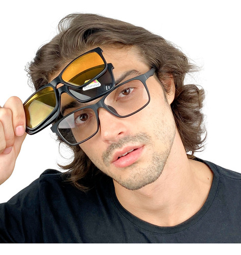 Armação Masculino Para Por Grau Com Lentes Clip On 3 Em 1