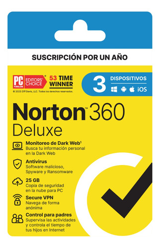 Norton Antivirus 360 Deluxe 25gb 3 Dispositivos 1 Año