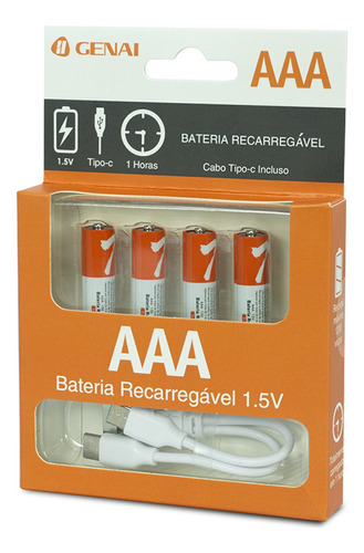 Kit 4 Pilhas Aaa Recarregável 750mwh Genai Tipo C 1.5v 5v