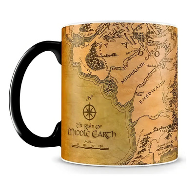 Taza mágica de El Señor de los Anillos con el mapa de la Tierra Media, color negro | Meses sin interés
