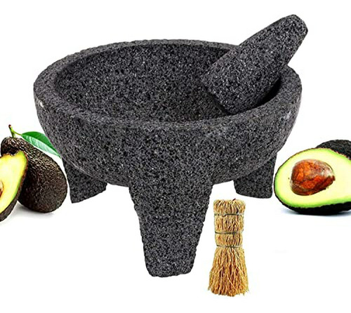 Molcajete 10  Con Cepillo Y Salsera De Piedra Volcánica Anti