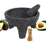 Molcajete 10  Con Cepillo Y Salsera De Piedra Volcánica Anti