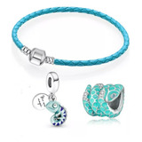 Pulsera Cuero Azul Con Charm Dije Camaleon Vibora  