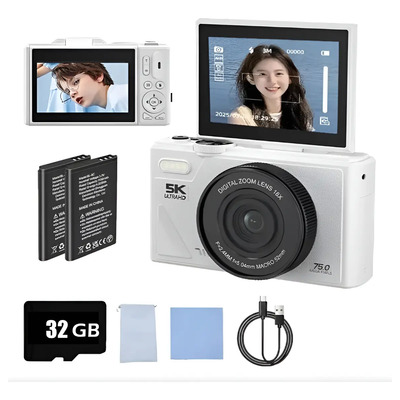 Cámara Digital5k 75mp Con Tarjeta +32gb 2 Pilas Color Blanco | Envío gratis