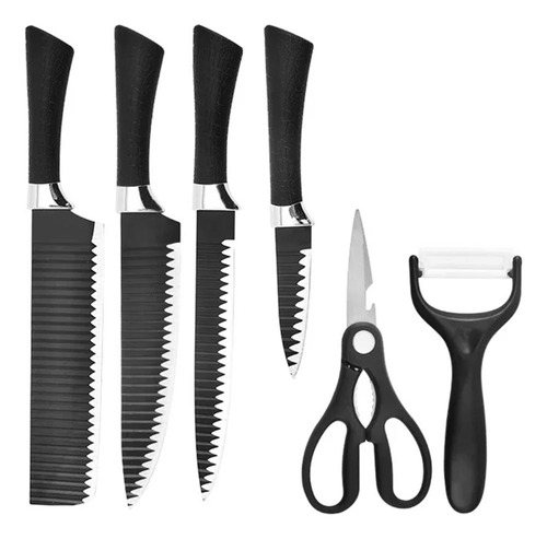 Conjunto Facas 6 Cutelo Cozinha 6 Peças Tesoura Preto