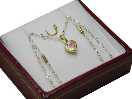 Conjunto Dije Corazón Con Piedra Y Cadena Singapur Plata Y Oro 18 Kilates