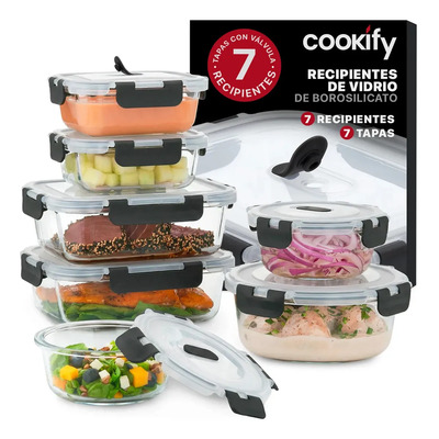 Set 7 Recipentes De Vidrio Cookify, Tapa Hermética | Refractarios Contenedores Resistentes Sin Bpa, Aptos Para Horno, Congelador | Envío gratis
