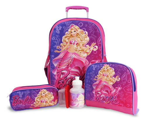 Kit Mochila Infantil Barbie Sereia Rodinhas Tam G