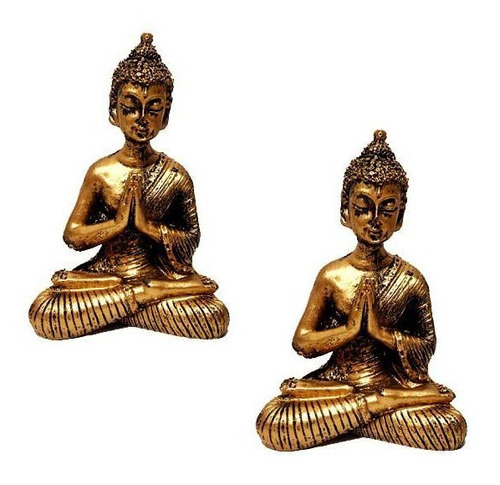 Combo Kit 2 Estátuas Mini Buda Hindu Resina Dourado 8,5cm