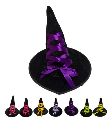 Sombrero De Bruja Negro Con Lazo De Colores Halloween