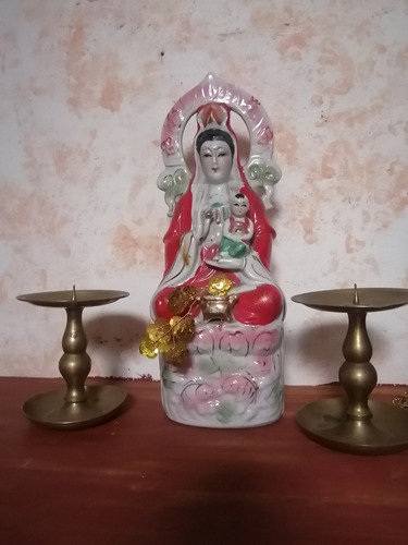 Estatua Figura Porcelana Policromada China Kuan Ying Vintage