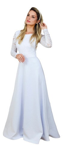 Vestido Branco Longo Casamento Princesa Manga Longa Rodado