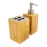 Set De Baño Dispenser Y Vaso Portacepillo Bamboo