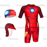 Traje De Baño Niños Ironman + Gorro Natacion + Gorro Sol