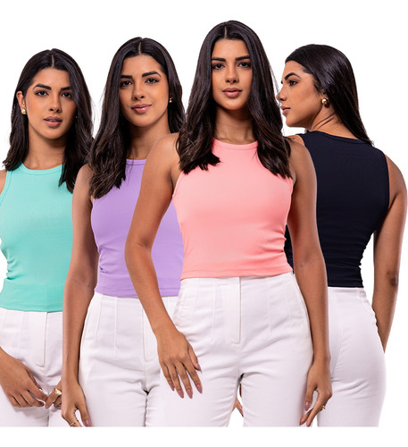 Kit 4 Blusas Feminina Regata Canelada Cropped Top Básica