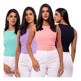 Kit 4 Blusas Feminina Regata Canelada Cropped Top Básica