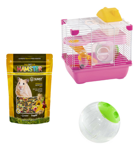 Kit Hamster: Jaula Para Hamster + Esfera + Alimento 500 Grs