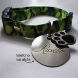 Coleira Dog Camuflado E Plaqueta Nome E Telefone Pets