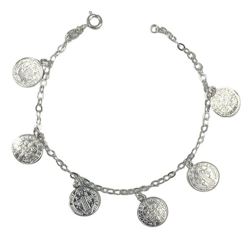 Pulsera Ajustable San Benito Pequeña Medallas Plata Ley 925