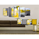Quadro Abstrato Cinza E Amarelo 70x162 + 4 Capas De Almofada