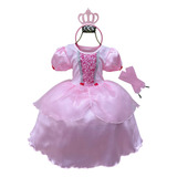 Fantasia Vestido Infantil Aurora Princesa Tiara E Luva