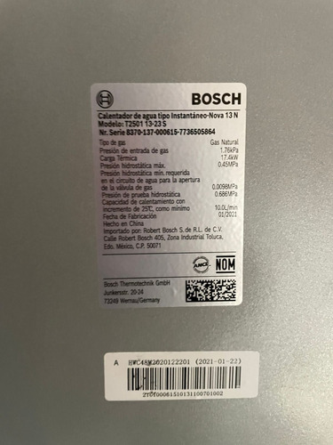 Bosch, Calentador Confort Instantáneo Bosch 13l Gas Natural