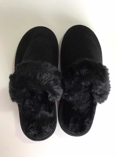 Pantufla Chinela Mujer Invierno Negra Con Piel