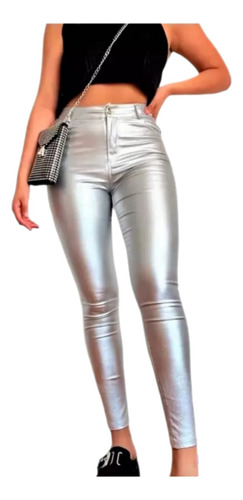 Pantalon Metalizado Leggins Polar  Ecocuero De Mujer 1 Boton