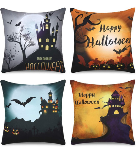 4 Fundas Para Cojin Almohada Halloween, Castillos Tenebroso