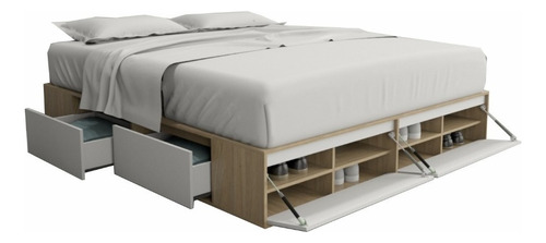 Cama Box Sommier 2 Plazas 4 Cajones + Zapatero King Size 2mt Color Olmo Everest