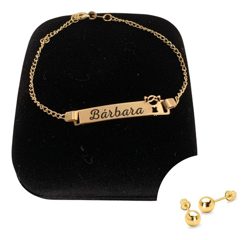 Pulseira De Ouro Menina + Brinco Infantil Chapinha Nome Bebê