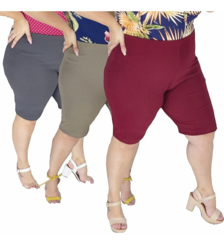 Kit Com 3 Bermudas Feminina Gorgurão Plus Size Com Elastico