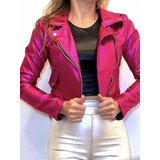 Campera Metalizada Fucsia Magenta Moda Mujer Elastizada