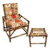 Jogo C/ 1 Cadeiras Poltrona Bambu + Mesa Centro Imperdível Cor Conj 1 Cadeiras + Mesa C/almofadas Bege Com Flores Vermelha E Branca