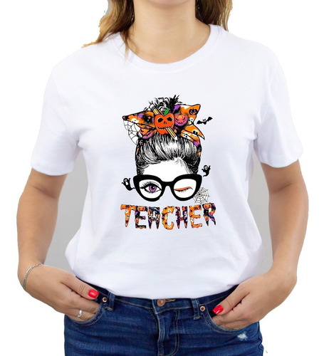 Polera Dama Estampada Algodón Diseño Profesora Halloween