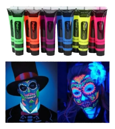 Set 12 Pintura Neon Halloween Luz Uv Corporal Colores Fiesta